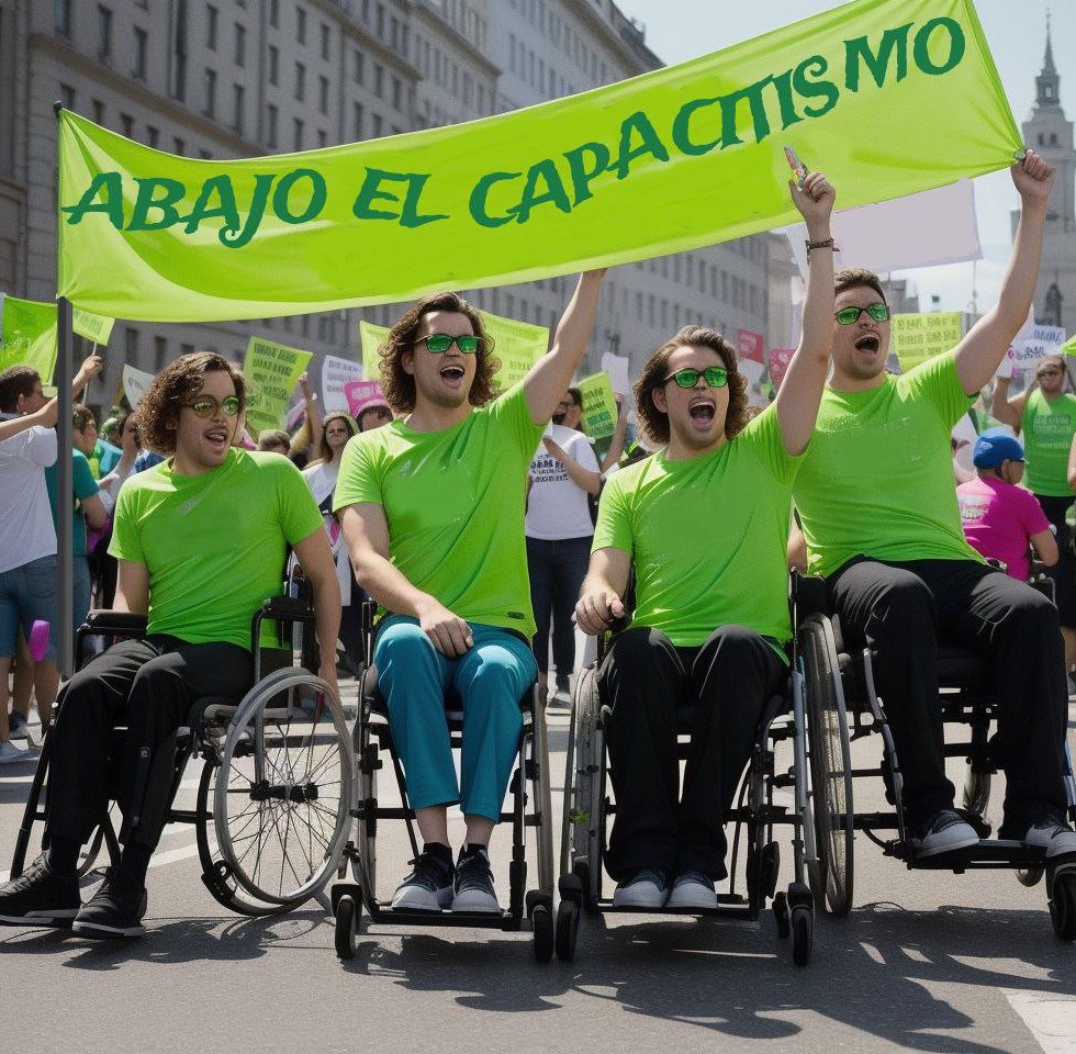 Personas jovenes con discapacidad con una pancarta con el lema abajo el capacitismo