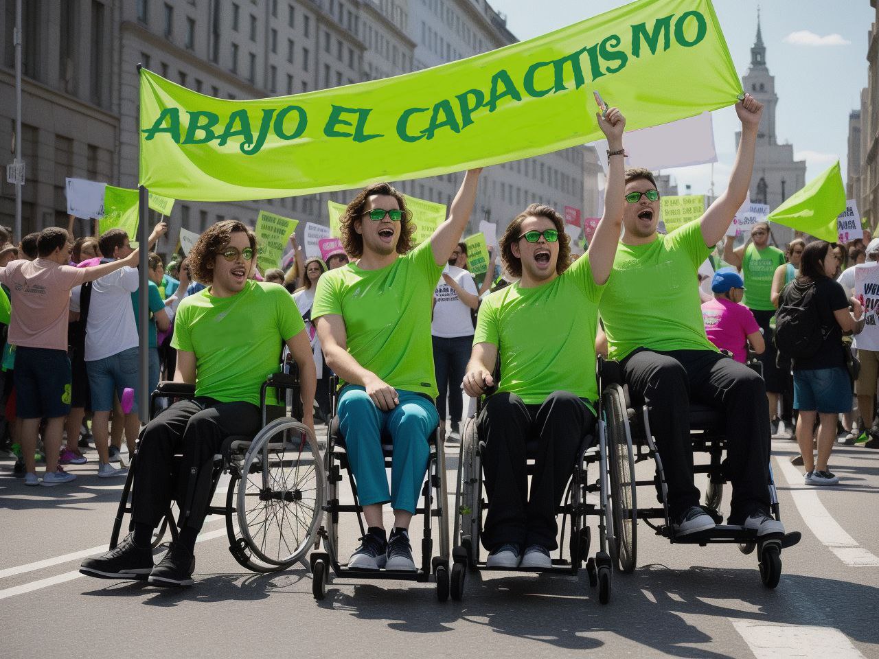 Personas jovenes con discapacidad con una pancarta con el lema abajo el capacitismo